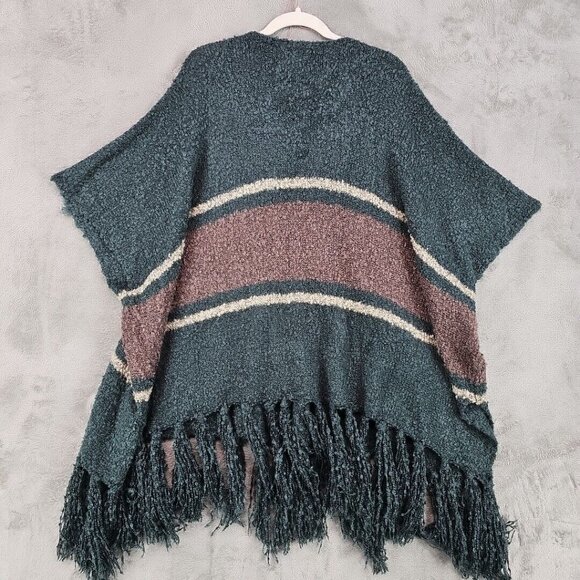 Free People Poncho Sweater Womens One Size Teal/Rose Stripe Bohemian Tasseled - Picture 2 of 7